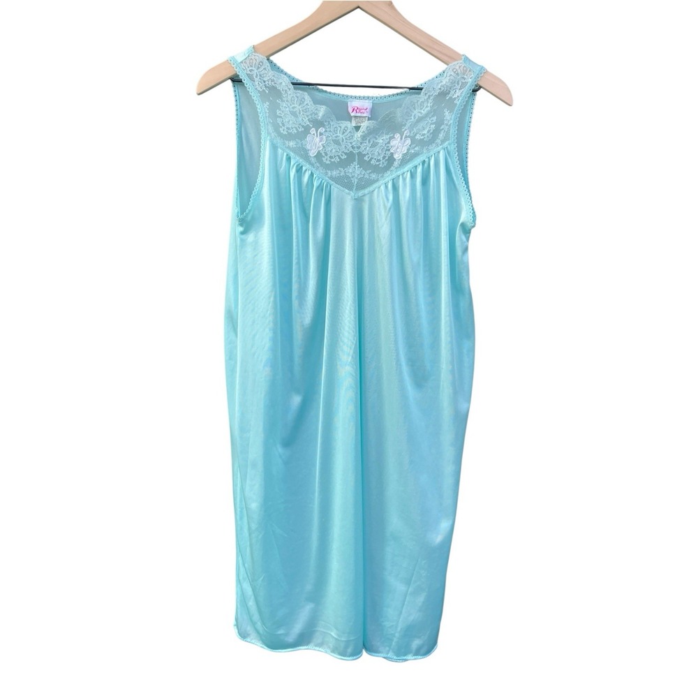 Vtg 90s Aqua Blue Nylon Slip Dress Nightgown Lace Butterfly Fairy Grunge Size M